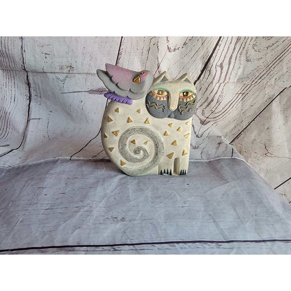 Laurel Burch 1999 Cat Figurine w/Bird “Kindred Spirits” Peute Grey Collectible